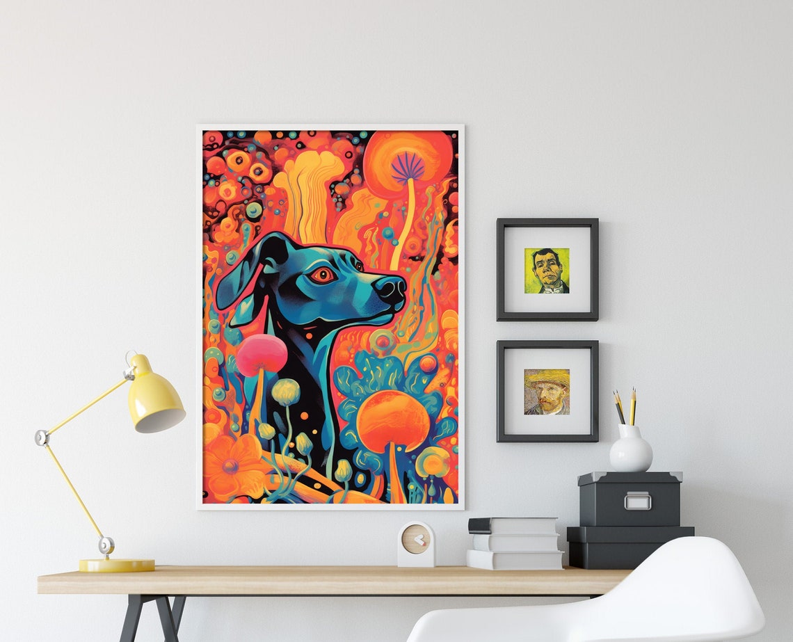 Psychedelic Trippy Blue Dog Among Orange Blooms Fantasy Poster - Image 4