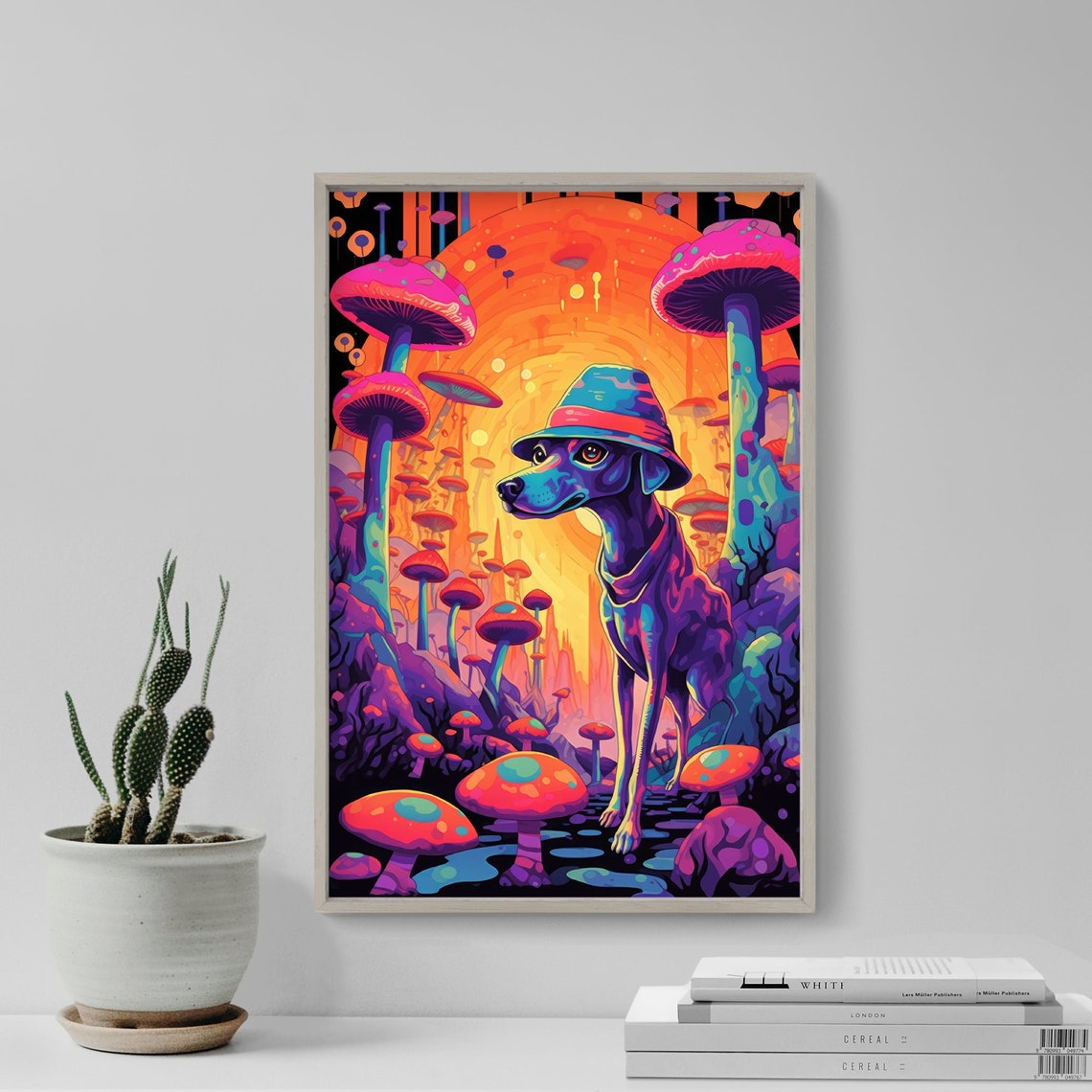 Psychedelic Dog with Hat Among Giant Mushrooms Trippy Art Poster