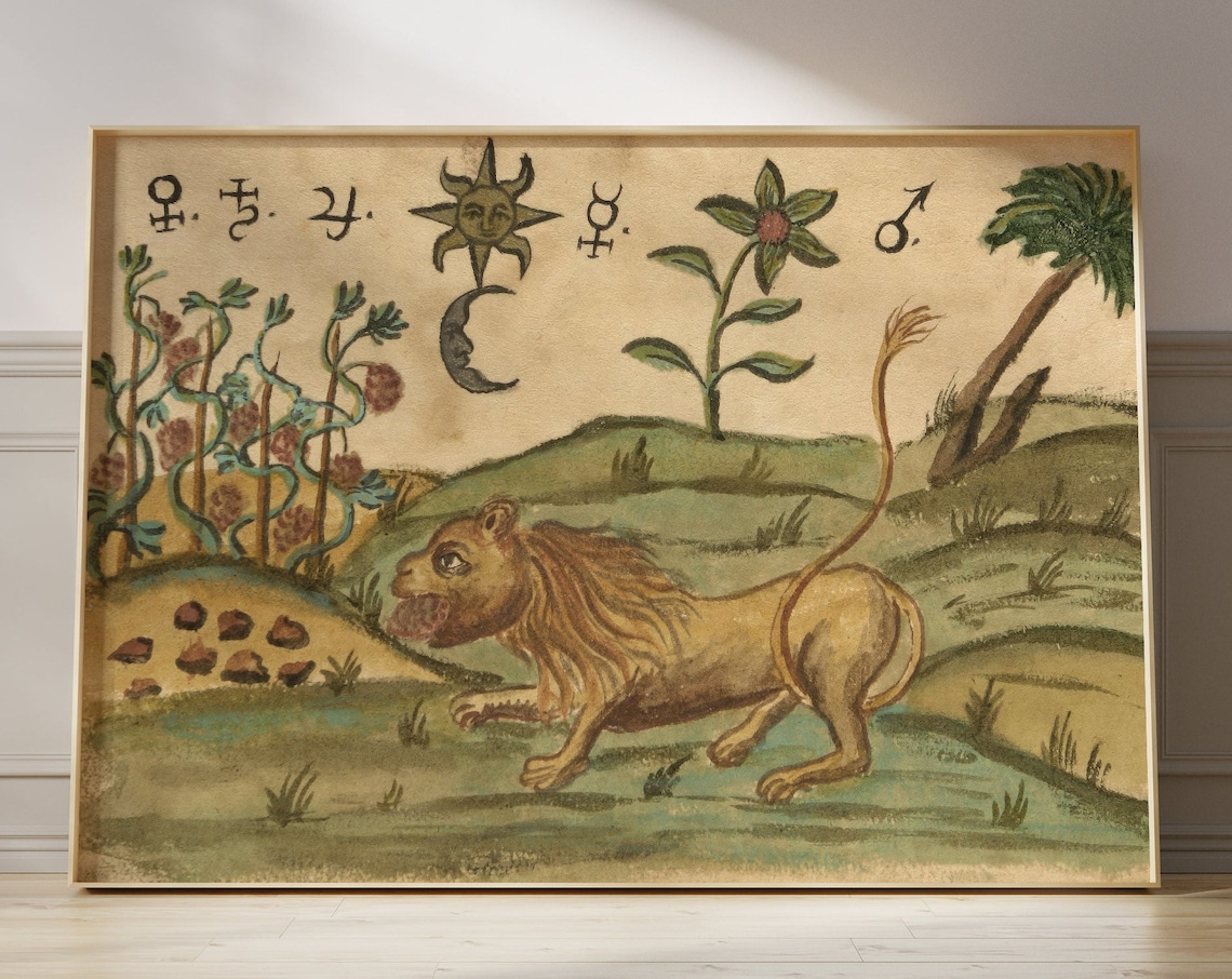 Vintage Alchemy Lion Art Print, Gothic Medieval Decor
