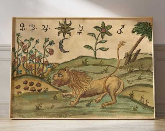 Vintage Alchemy Lion Art Print, Gothic Medieval Decor