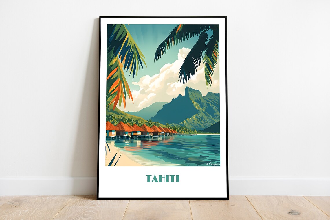 Tahiti Island Overwater Bungalows Palm Trees Vintage Travel Poster