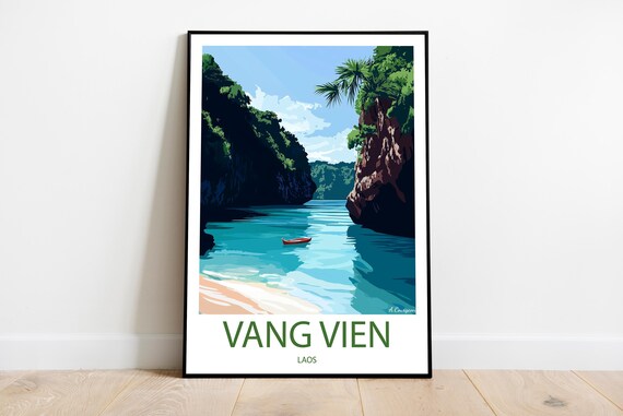 Handmade Vang Vien Laos Poster Wall Art Modern Travel Framed Birthday Home Made Decor Gift Vector Illustration Print Painting