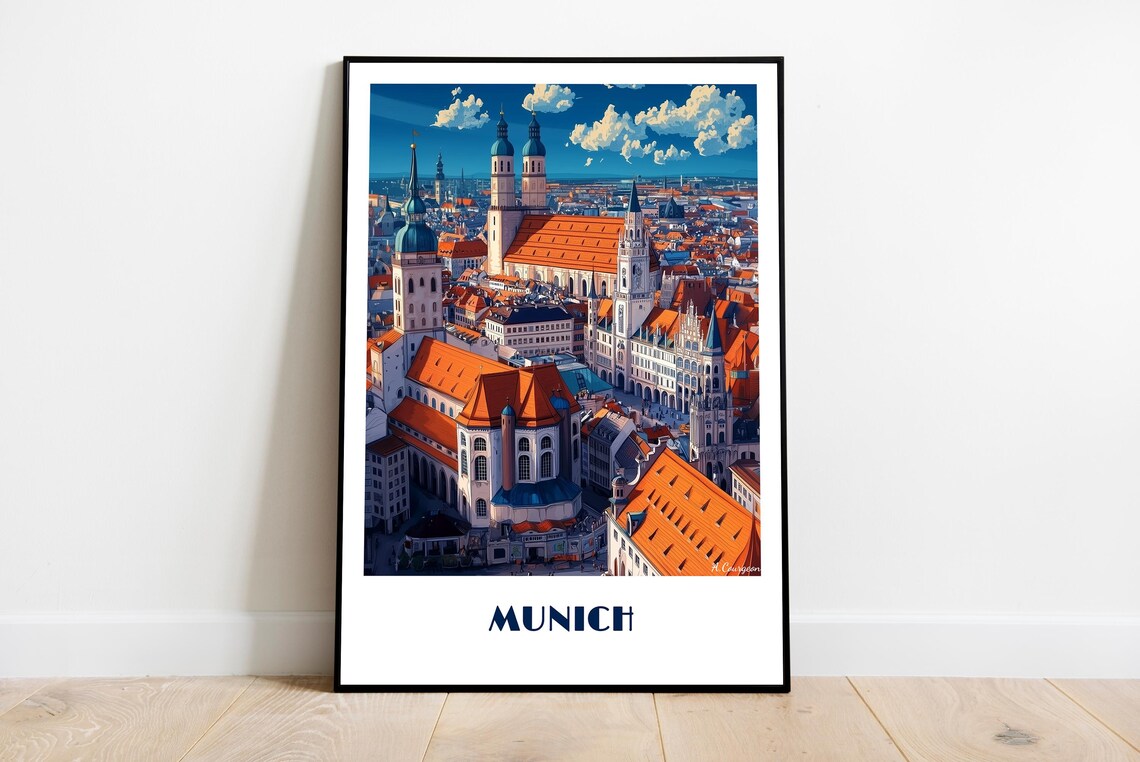 Munich Germany Retro Cathedral Rooftops Cityscape Travel Poster