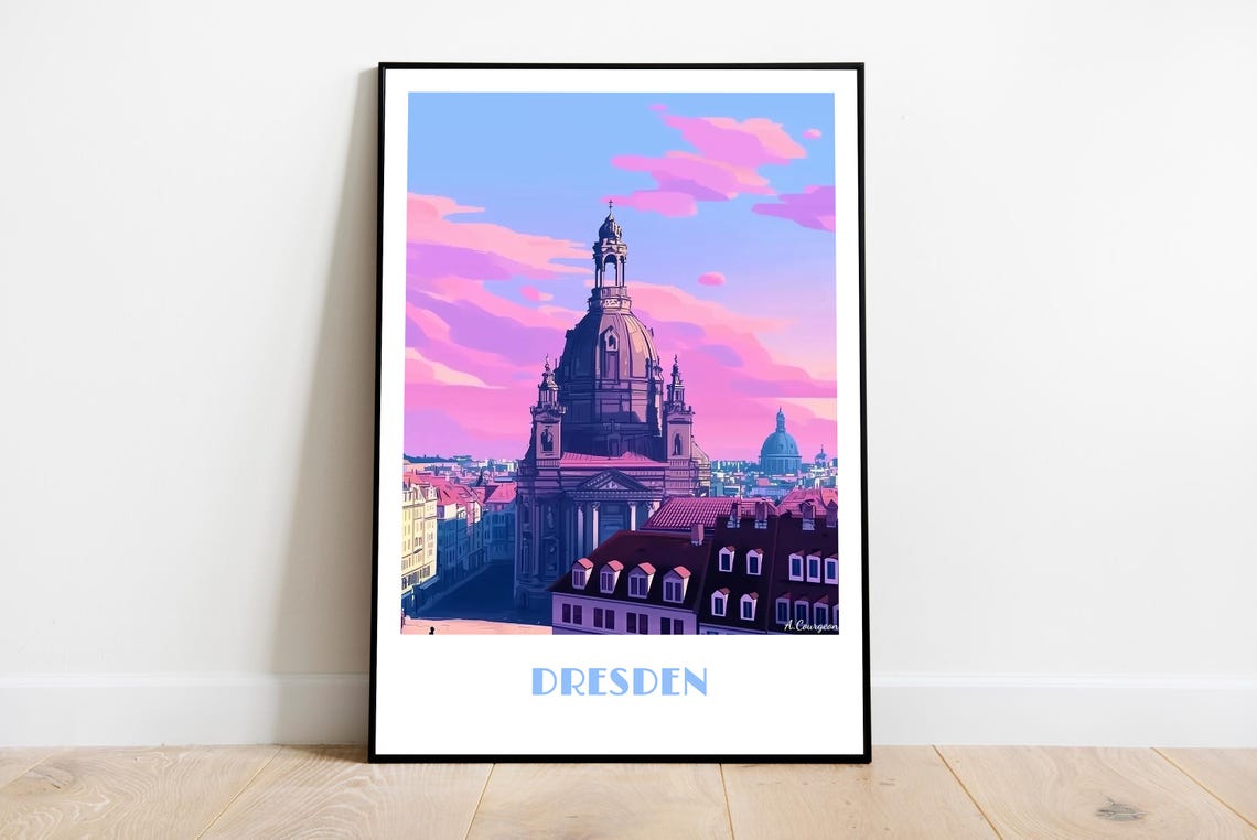 Dresden Frauenkirche Pink Sunset Skyline Rooftops Travel Poster
