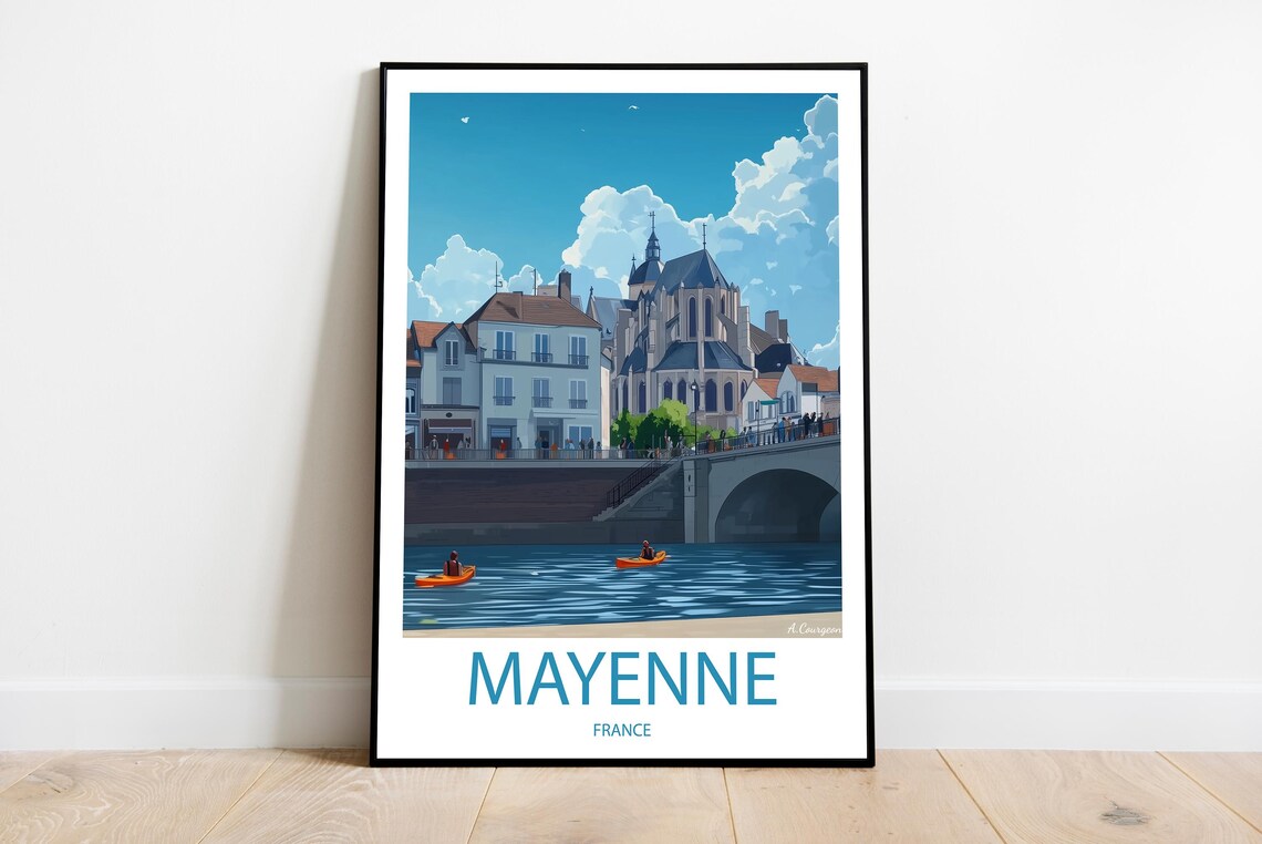 Mayenne France Church Bridge River Kayak Scene Vintage Travel Poster