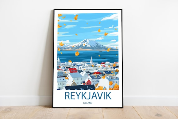 Reykjavik Iceland Snow Mountain Harbor City Vintage Travel Poster