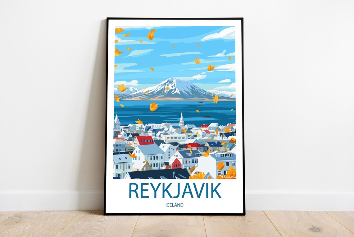 Reykjavik Iceland Snow Mountain Harbor City Vintage Travel Poster
