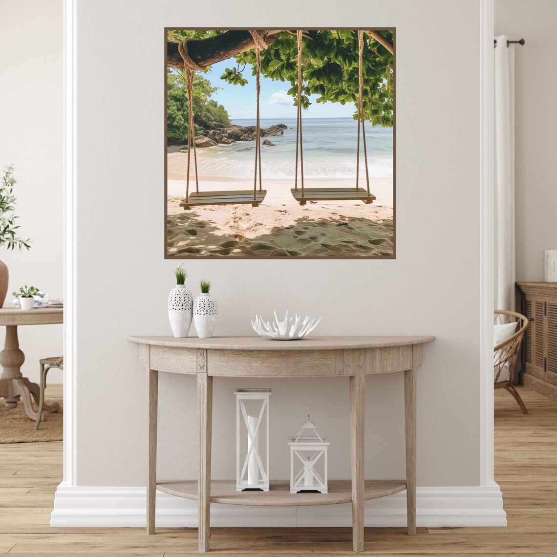 Beach Swings Ocean View Wooden Hanging Chairs Tropical Poster