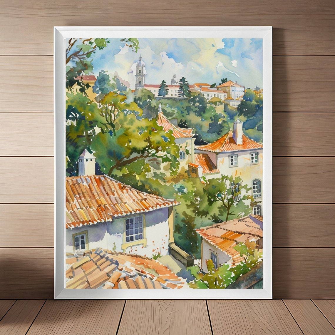 Sintra Portugal Rooftops Palace Hill Terracotta Watercolor Wall Art