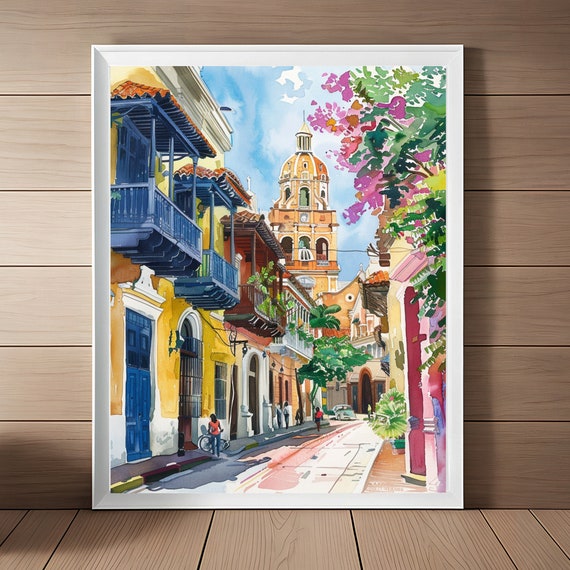 Cartagena Streetscape Vintage Watercolor Travel Poster