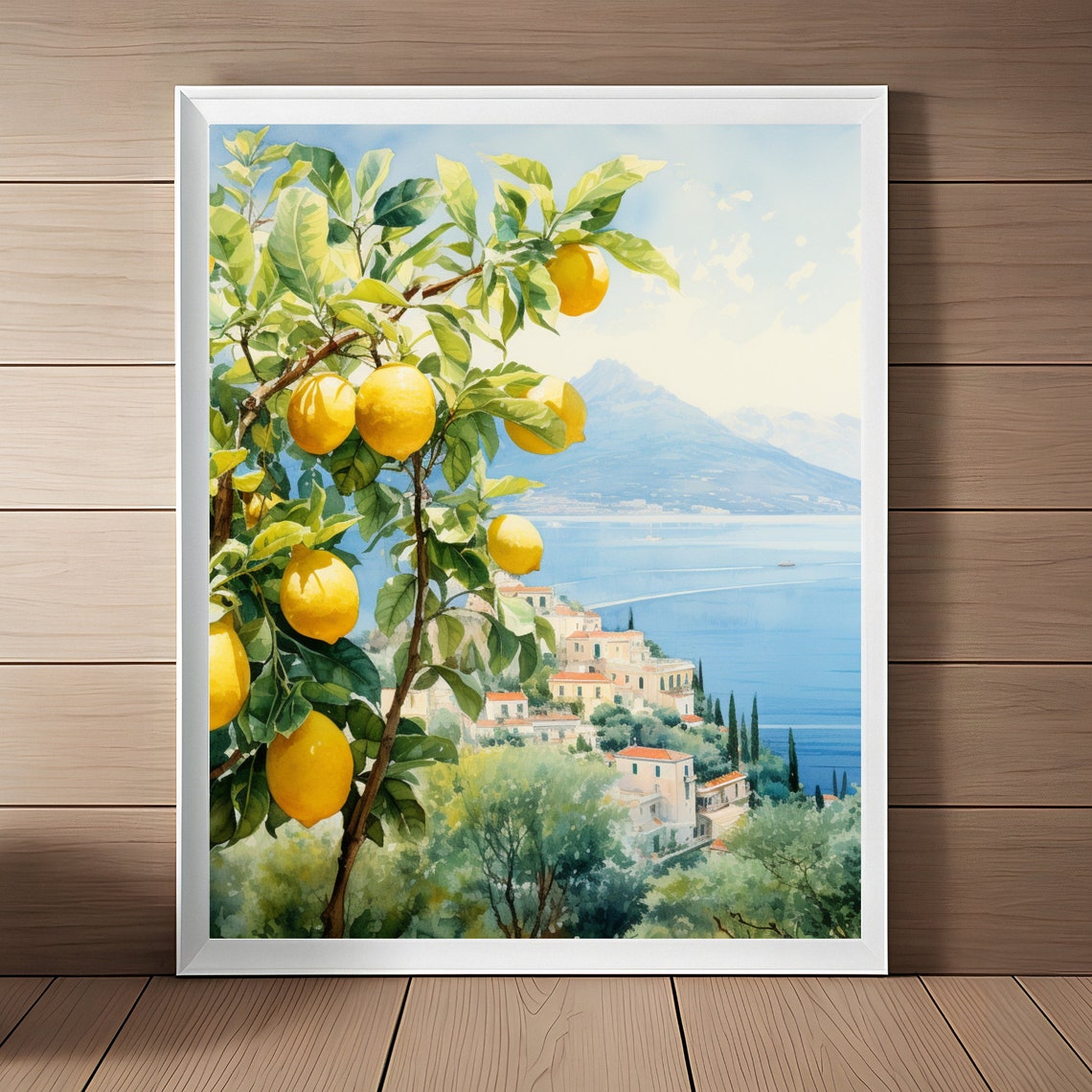 Sunlit Amalfi Coast Italy Lemon Tree Overlook Watercolor Poster
