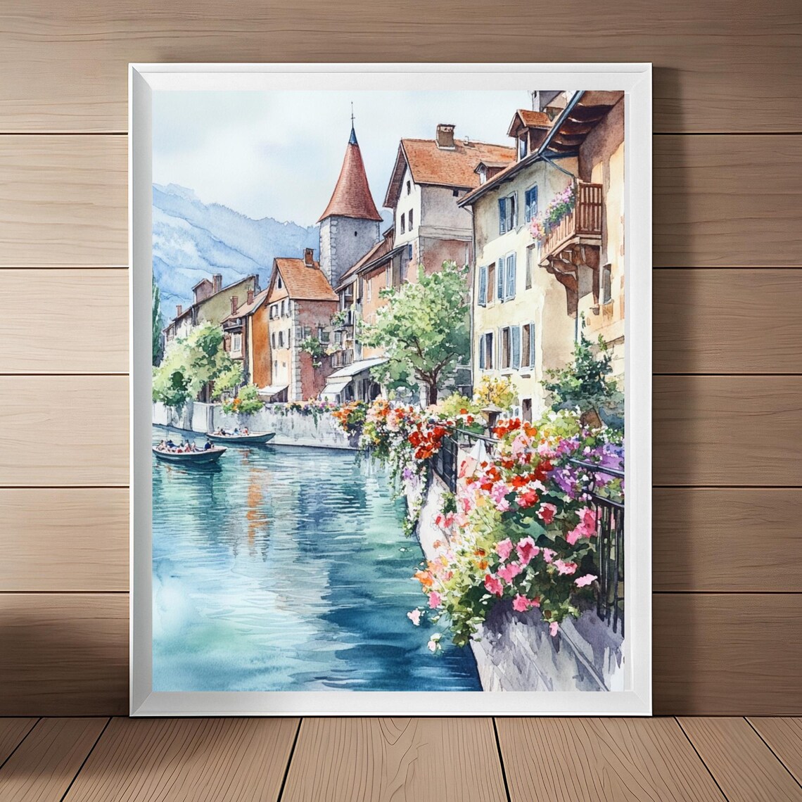 Annecy France Le Thiou Canal Boats Flower Banks Watercolor Wall Art