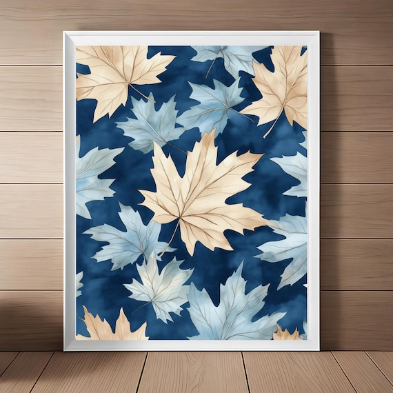 Blue Autumn Maple Leaves Pattern Navy Watercolor Fall Wall Art