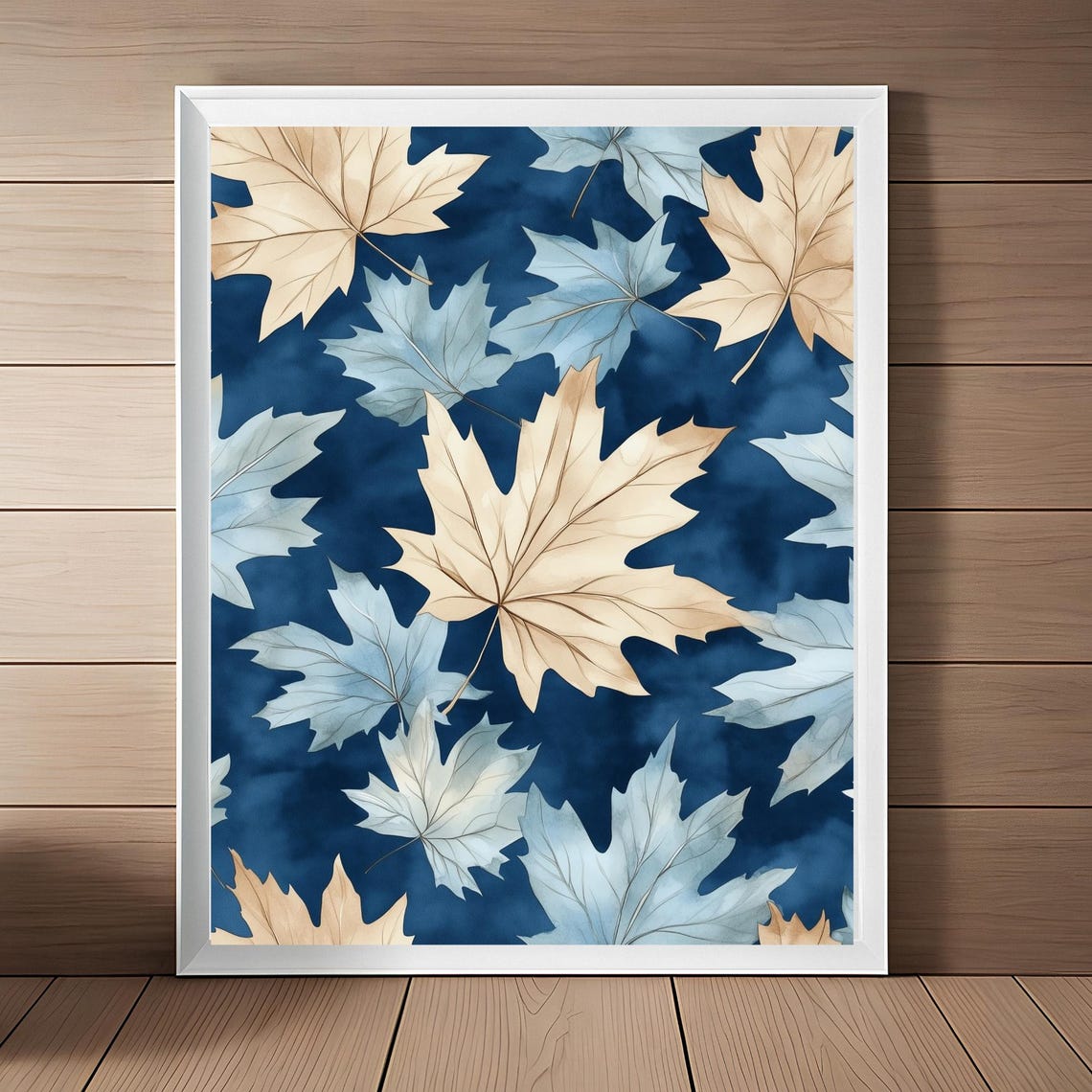Blue Autumn Maple Leaves Pattern Navy Watercolor Fall Wall Art