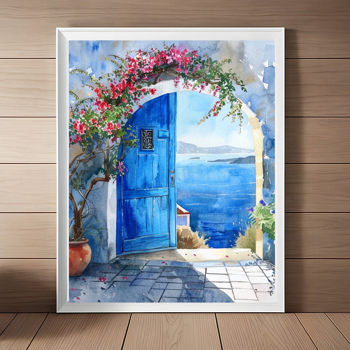 Santorini Blue Door Watercolor Art Print, Greece