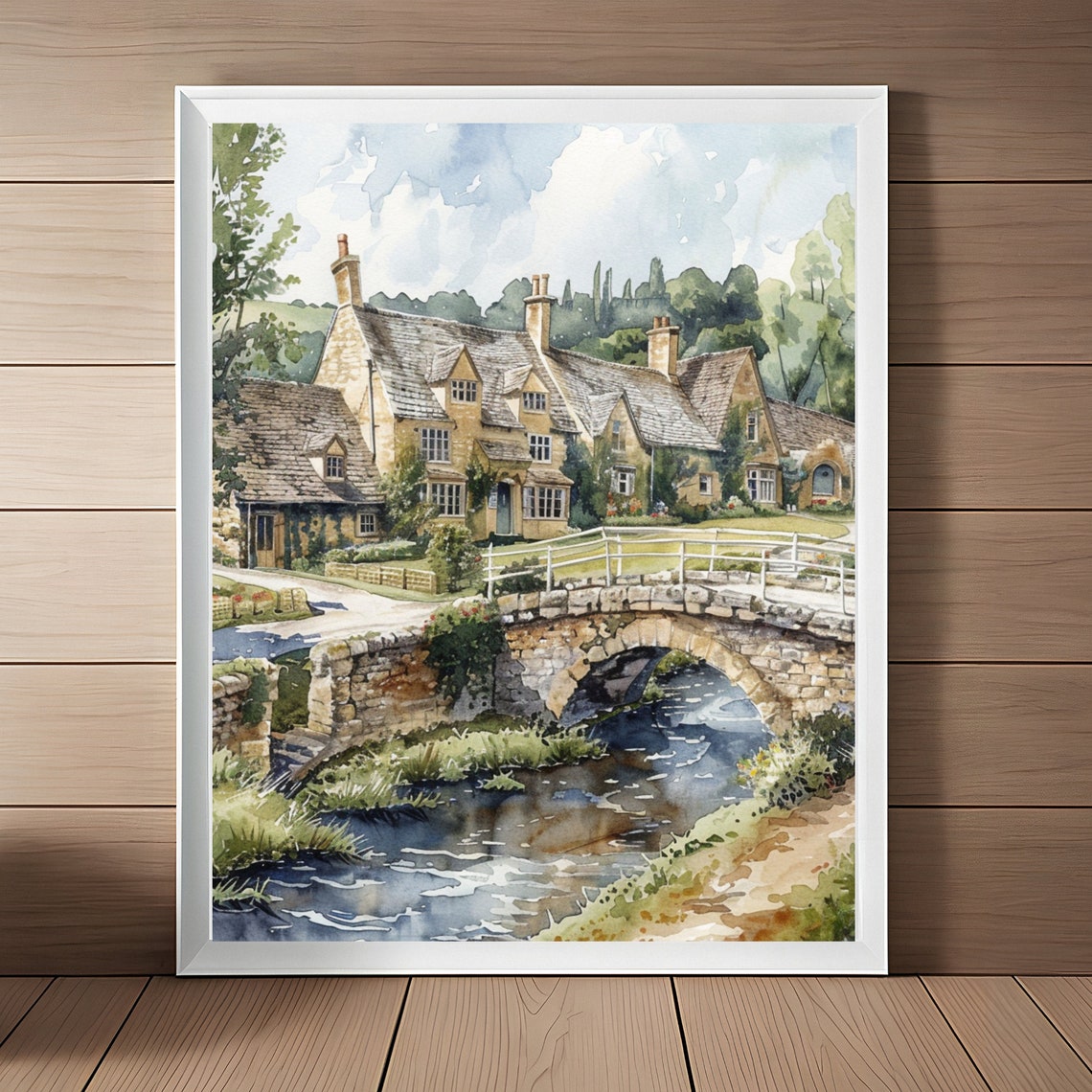England Painting Rural Cotswold Village Art Gloucestershire Countryside Landscape Watercolor Print English Farmhouse Wall Decor Travel