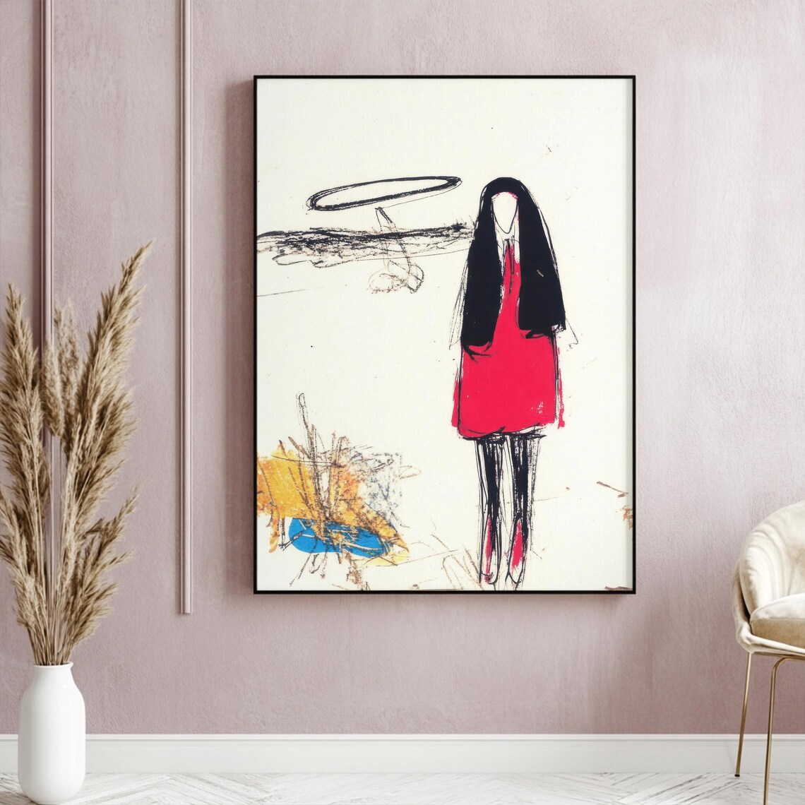 Faceless Figure Gothic Red Dress Dark Sketch Poster for Bedroom Decor - Image 2