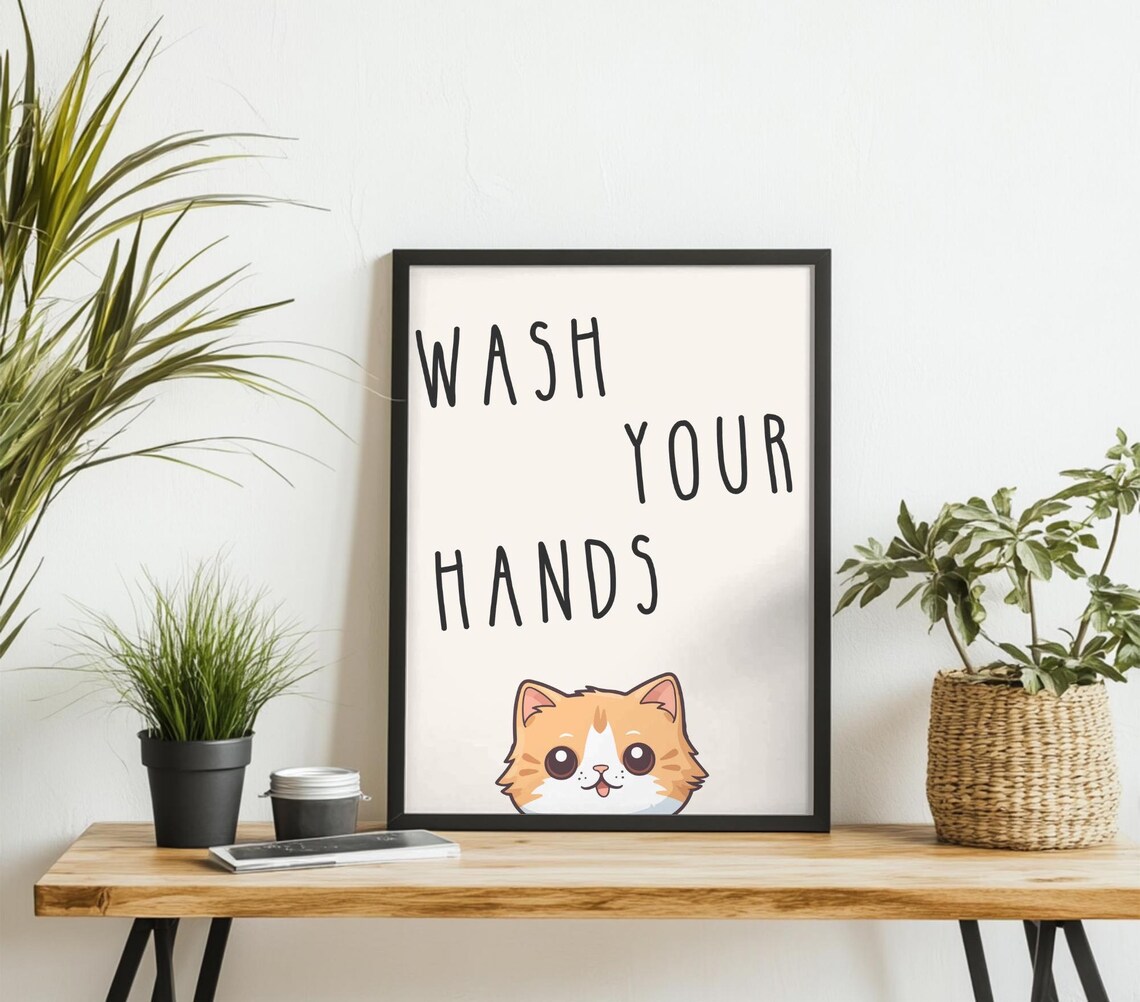 Wash Your Hands Cute Orange Cat Kawaii Bathroom Decor Poster - Image 2