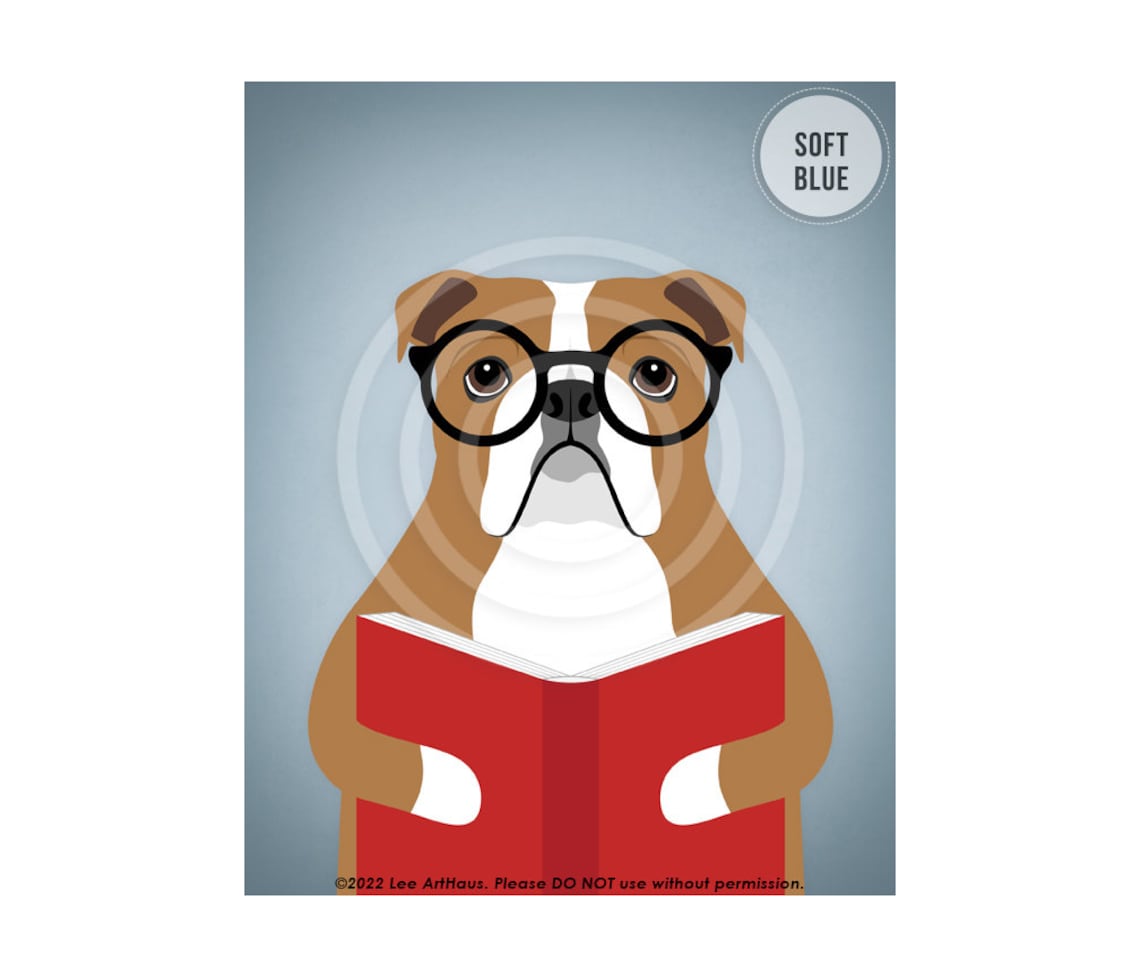 English Bulldog Wearing Round Glasses Reading a Book Dog Poster - Image 2