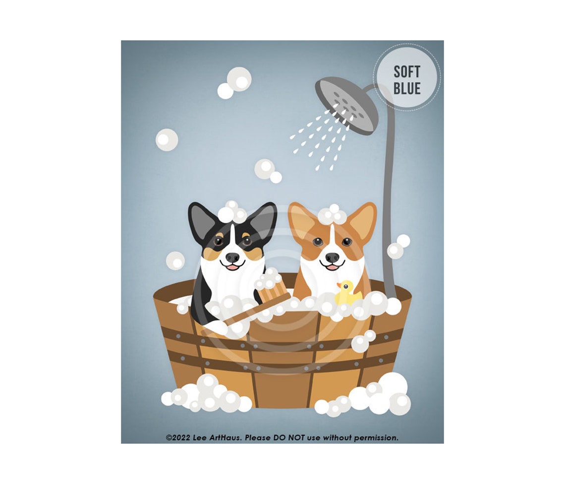 Two Corgis in Wooden Bucket Bubble Bath With Duck Funny Poster - Image 2