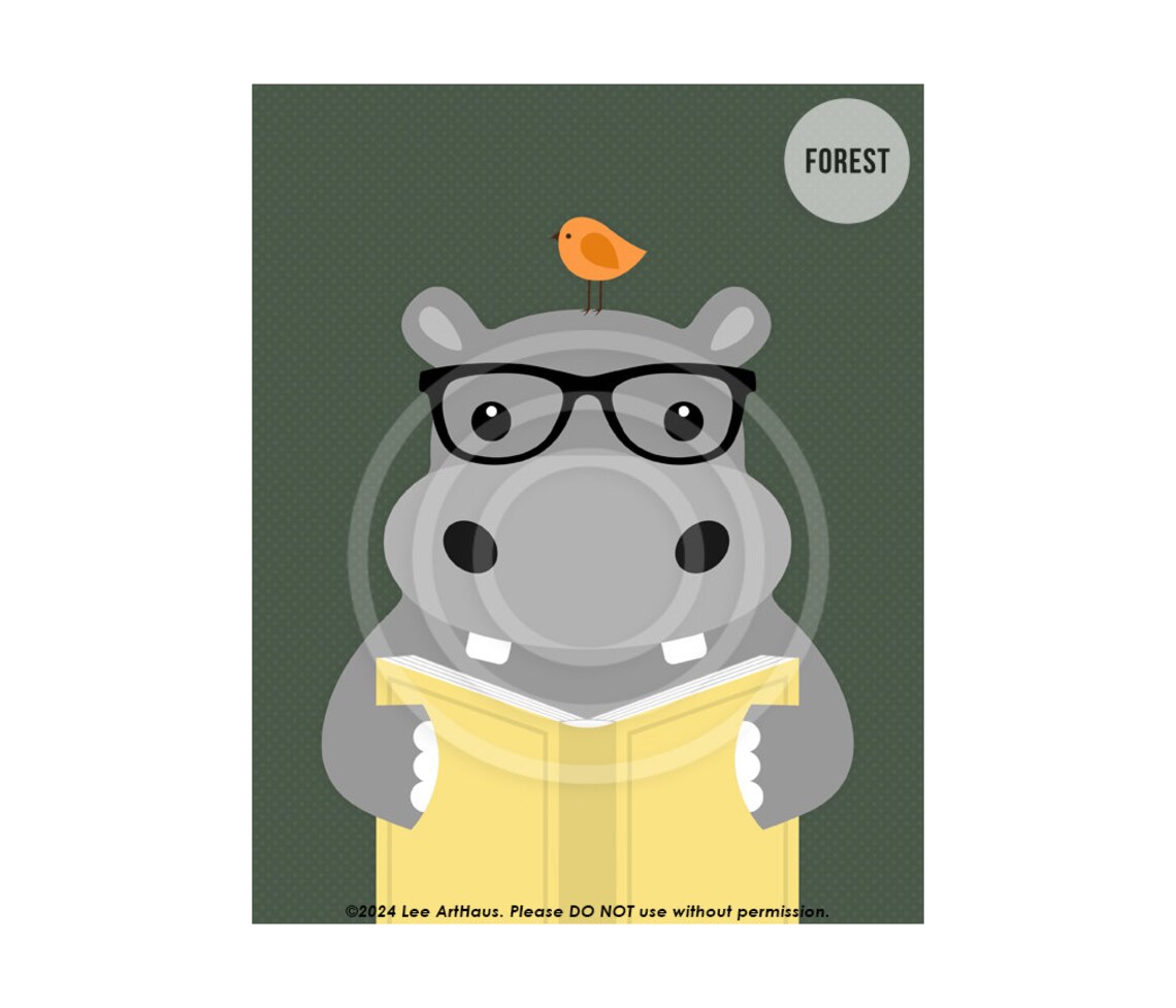 Cute Hippo Reading Book With Glasses Yellow Zoo Animal Nursery Kids Poster - Image 7