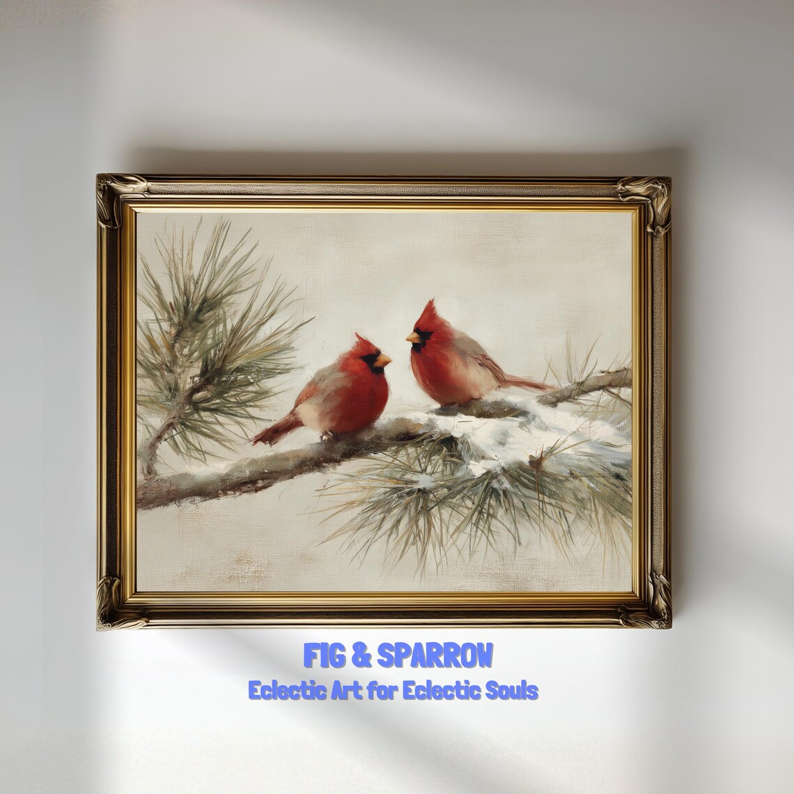 Cardinal Birds On Winter Branch, Vintage Nature Art Print