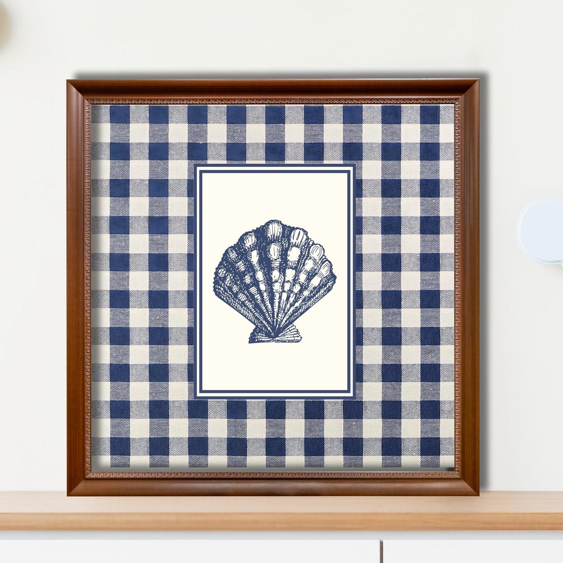 Navy Gingham Scallop Shell Engraving Coastal Farmhouse Art Poster