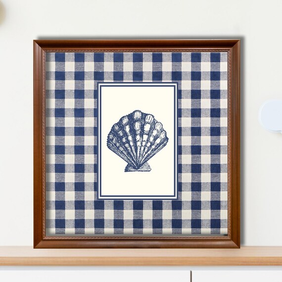 Navy Gingham Scallop Shell Engraving Coastal Farmhouse Art Poster