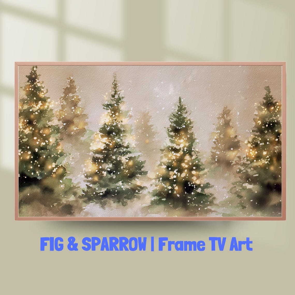 Watercolor Winter Forest Christmas Tree Lights Holiday Wall Art