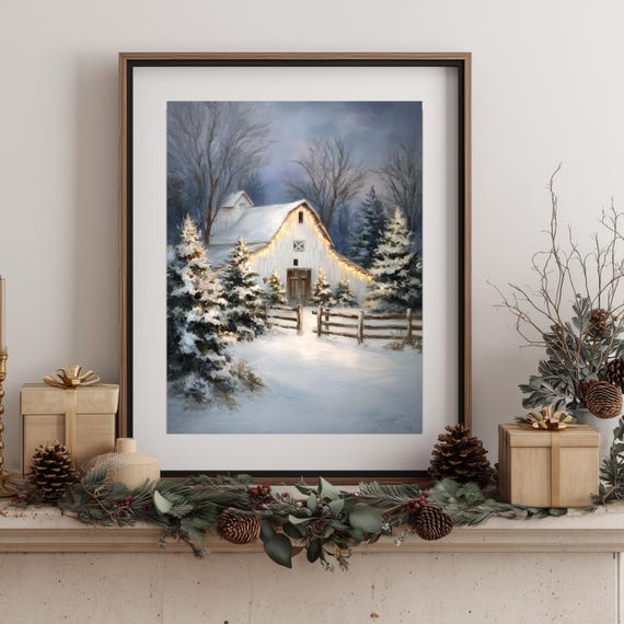 Snowy White Barn with String Lights Winter Farmhouse Painting Print
