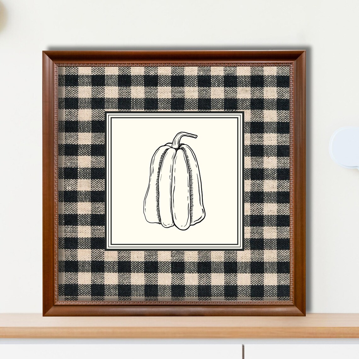 Gingham Pumpkin Sketch Print Farmhouse Fall Wall Art
