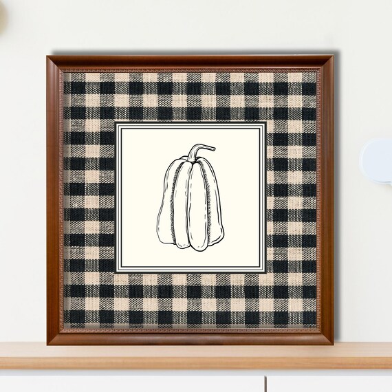 Farmhouse Pumpkin Line Drawing on Black Buffalo Check Fall Art Poster