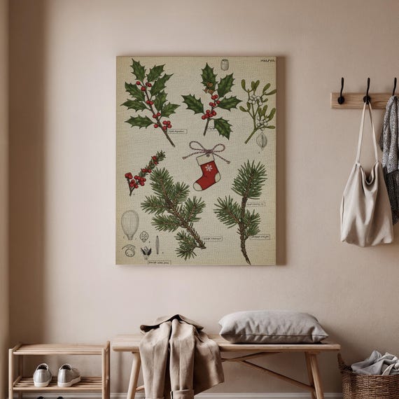 Christmas Botanical Canvas Wall Art Festive Winter Greenery Print Holiday Pine And Holly Illustration Seasonal Nature Dcor Decor