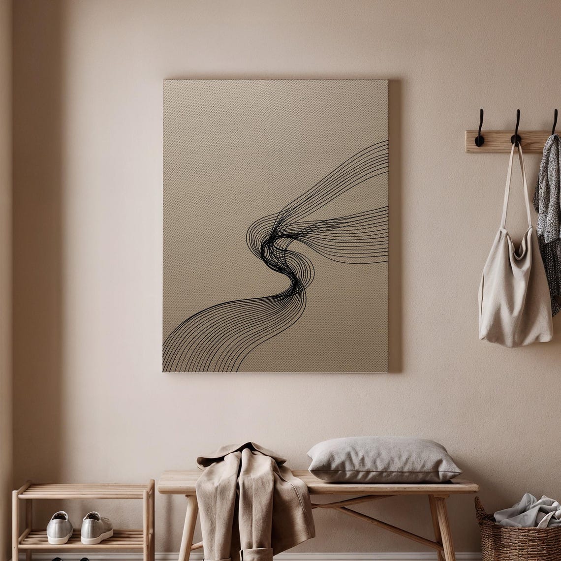 Minimalist Abstract Line Art Black Flowing Lines Beige Modern Wall Art