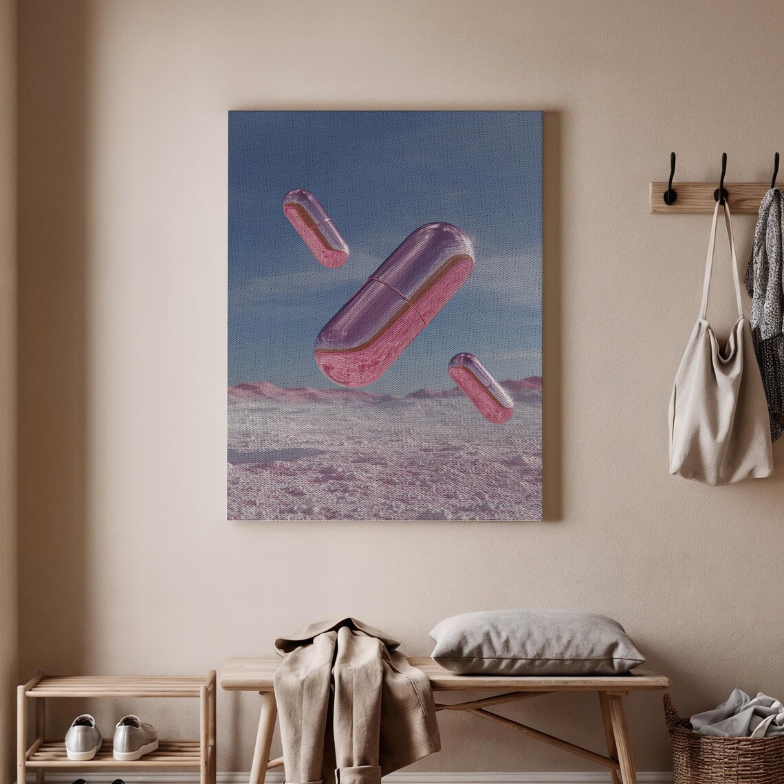 Floating Pills Canvas Surreal Capsule Art Abstract Print Futuristic Pink Artwork Modern Decor