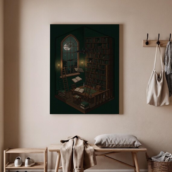 Magical Library Halloween Canvas Wall Art Spooky Bookshop And Full Moon Decor Eerie Scene Mystical