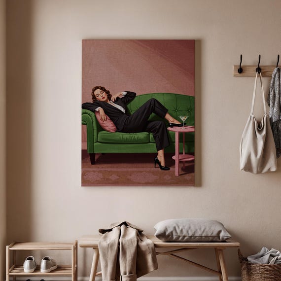 Framed Retro Wall Art Canvas Print Vintage Woman Illustration With Mid Century Lounge Decor For Living Room Or Bar