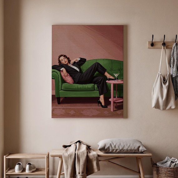 Retro Woman Lounging Green Sofa Martini Mid Century Pin Up Style Wall Print