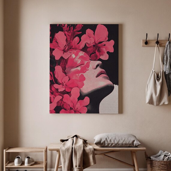Framed Floral Woman Canvas Art Abstract Pink Flower Portrait Modern Wall Decor For Home Office And