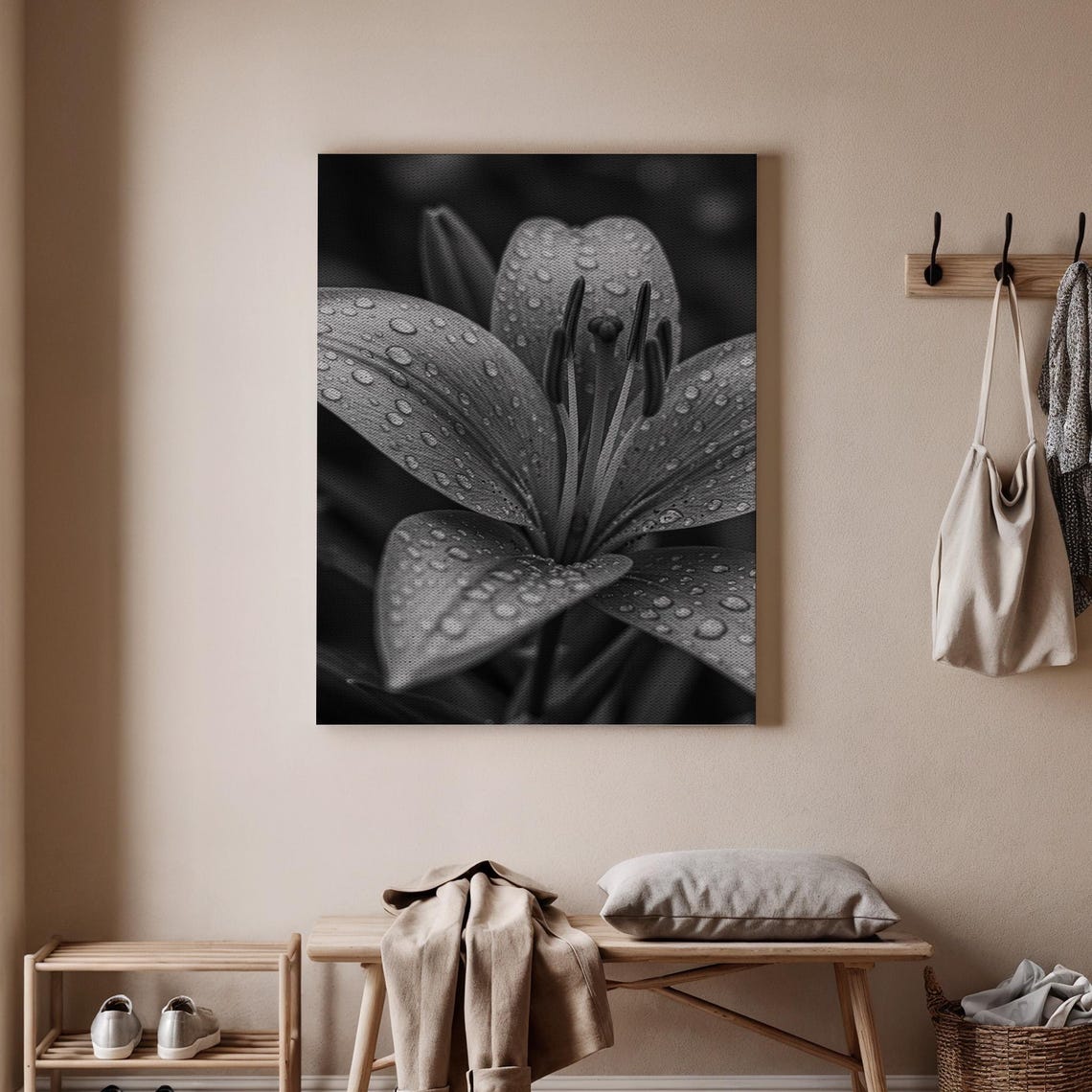 Black And White Lily Flower Water Drops Macro Floral Art Print