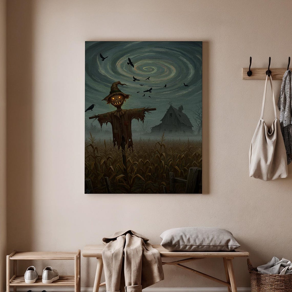 Haunted Scarecrow in Misty Cornfield With Swirling Sky Crows Poster