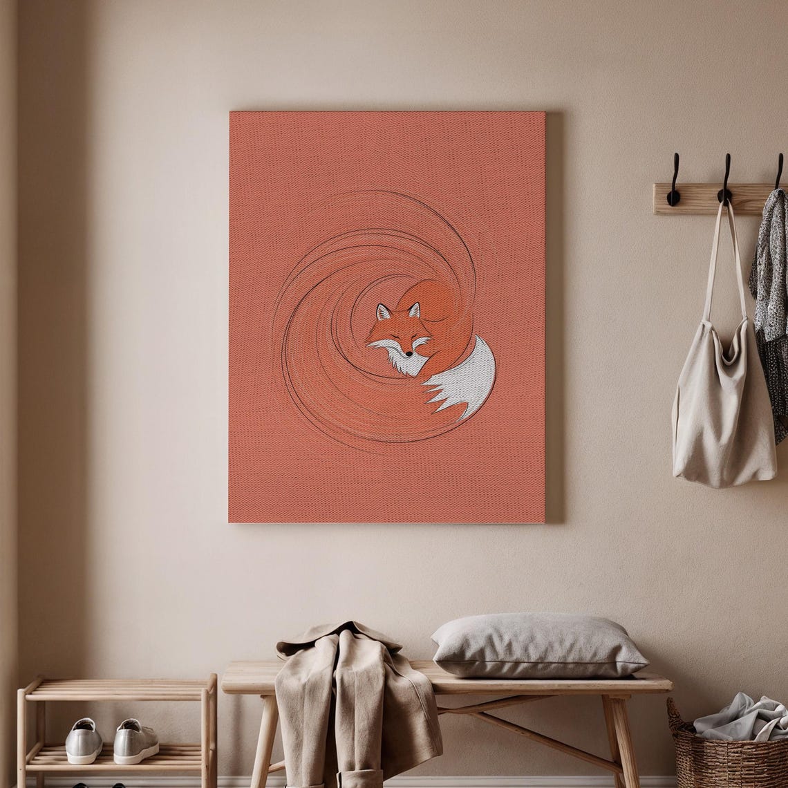 Sleeping Red Fox Curled in a Spiral Line Art Terracotta Poster