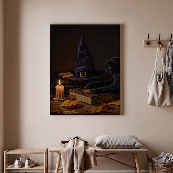 Halloween Black Cat Canvas Wall Art Witch Hat And Candle Gothic Print Spooky Magic Books Decor For Home