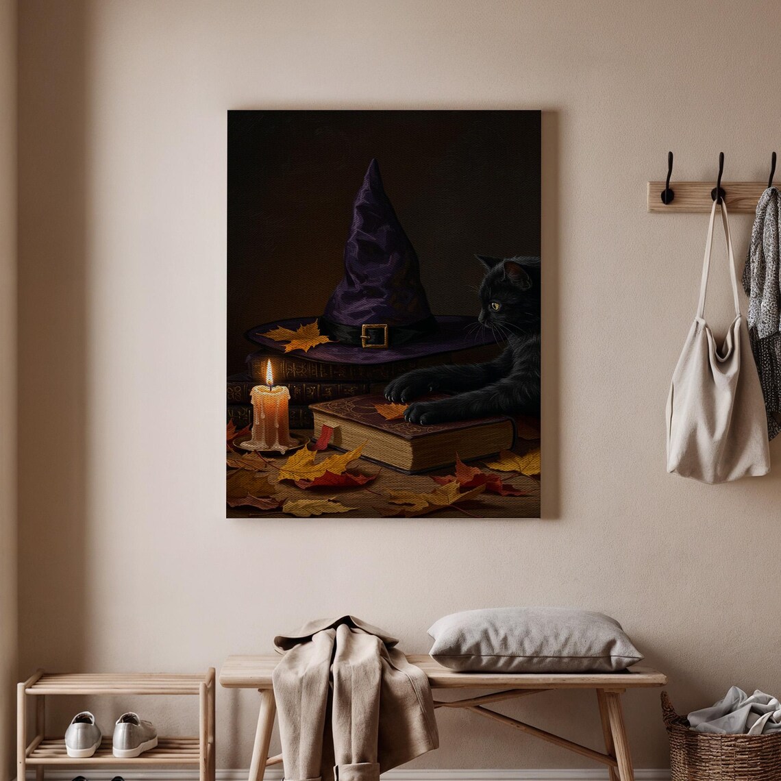 Halloween Black Cat Canvas Wall Art Witch Hat And Candle Gothic Print Spooky Magic Books Decor For Home