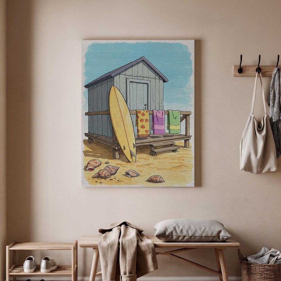Beach Hut Surf Shack Summer Surfboard Towels Seashells Coastal Charming Print Art