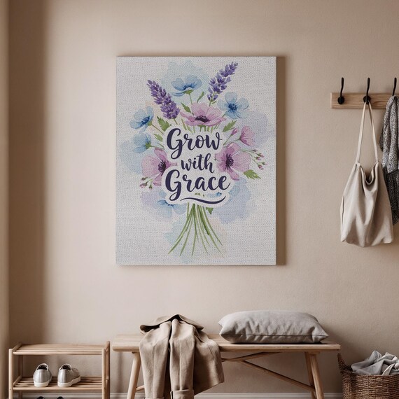 Grow With Grace Floral Canvas Wall Art Inspirational Botanical Print Elegant Flower Quote Artwork For Living Room Bedroom Office