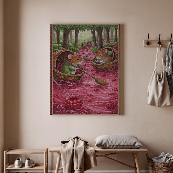 Whimsical Mouse Art Print Cute Mice In Baskets Poster Raspberries And Forest Scene Canvas Charming Animal Decor Fairy Tale Wall