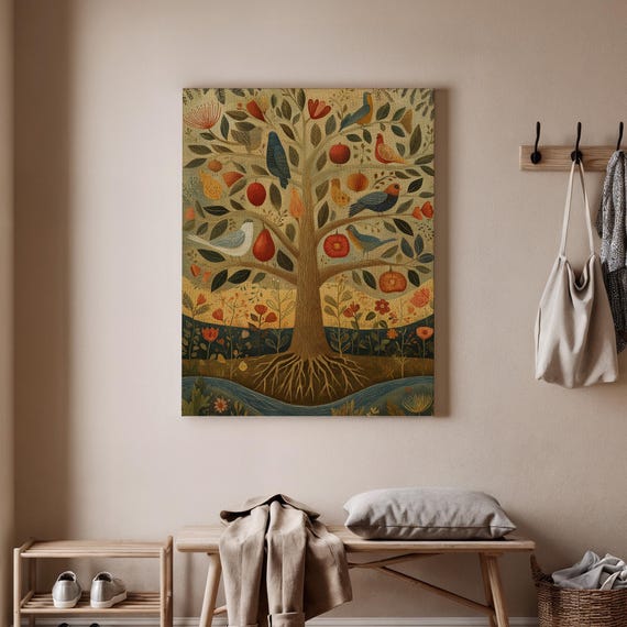 Colorful Tree Canvas Art Nature Inspired Wall Decor Birds Fruit Print Whimsical Floral For Living Room Or Nursery
