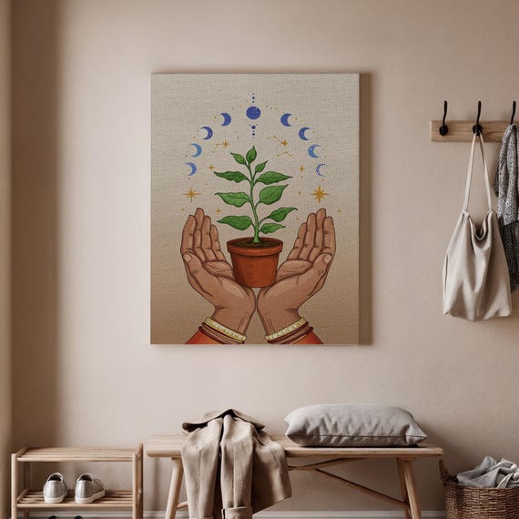 Spiritual Growth Art Print Mystical Hands Poster Moon Phase Wall Botanical Canvas Decor Symbolic Nature Inspired Artwork