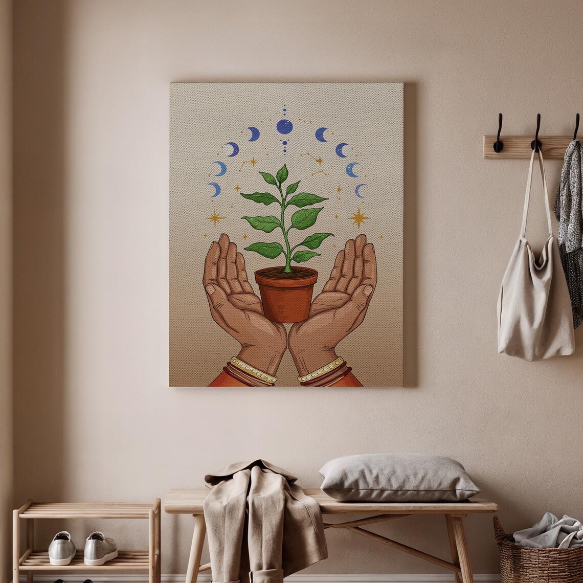 Spiritual Growth Art Print Mystical Hands Poster Moon Phase Wall Botanical Canvas Decor Symbolic Nature Inspired Artwork